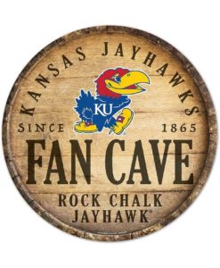 Kansas Jayhawks Fan Cave 14" Round Wood Sign