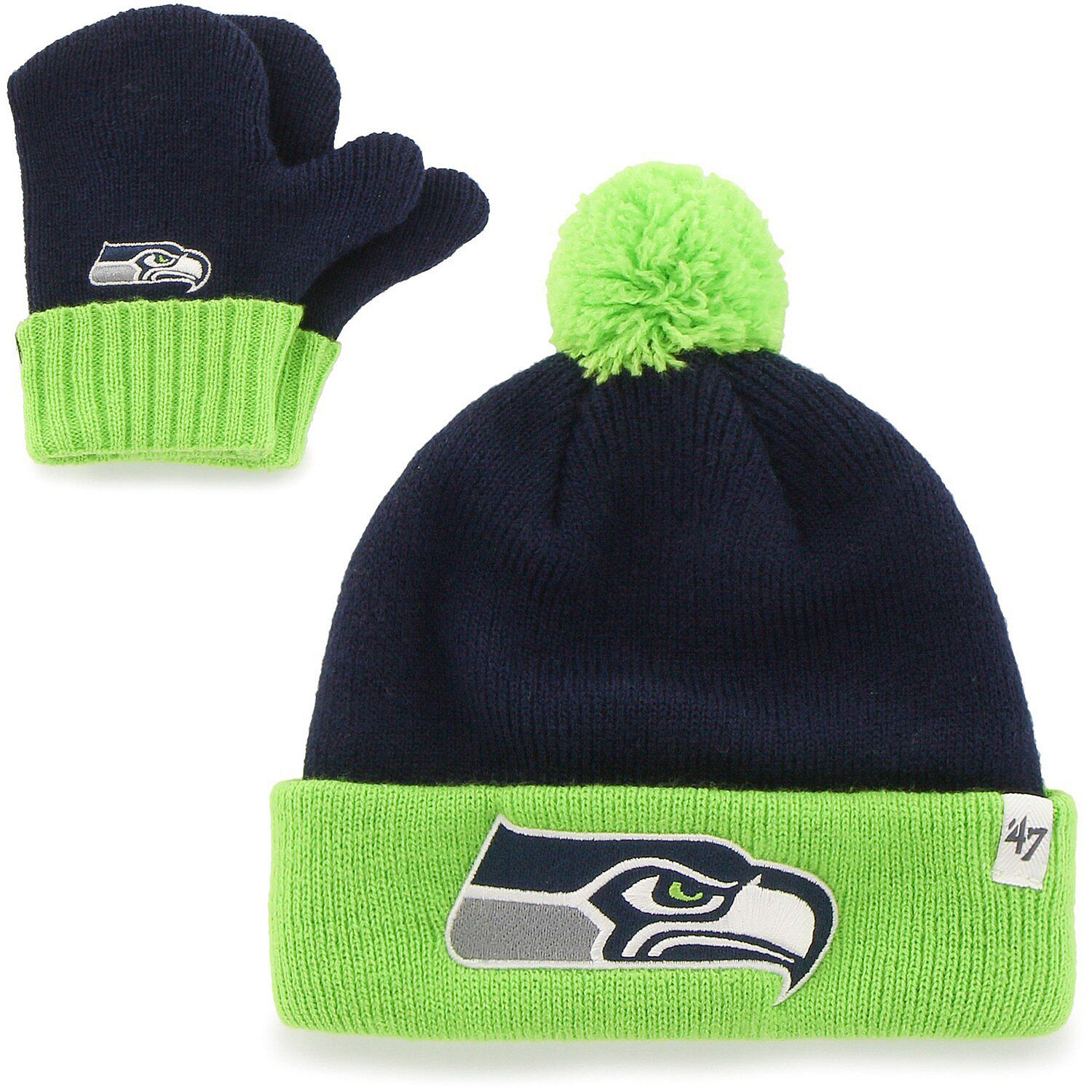 Seattle Seahawks 47 INFANT Bam Bam Navy Neon Cuff Knit Hat & Mittens Set
