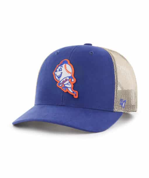 New York Mets 47 Brand Batting Practice Trucker Blue Khaki Mesh Snapback Hat