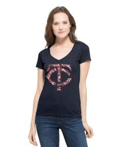 Minnesota Twins Women's 47 Brand Navy Flanker V-Neck T-Shirt Tee