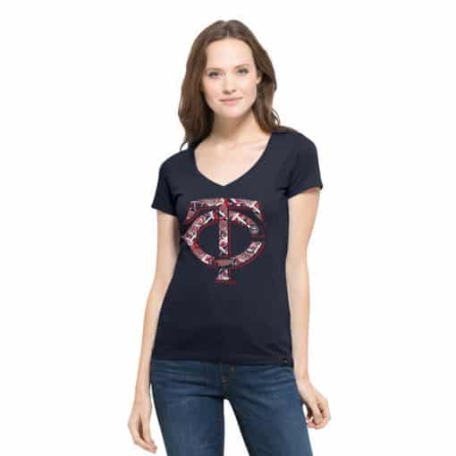 Minnesota Twins Women's 47 Brand Navy Flanker V-Neck T-Shirt Tee