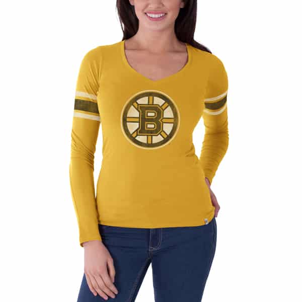 Boston Bruins Homerun Long Sleeve T-Shirt Womens Galley Gold 47 Brand