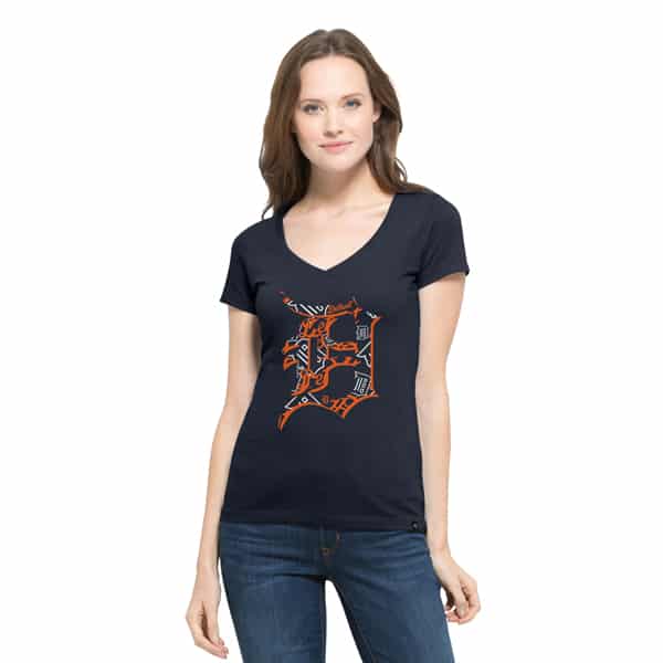Detroit Tigers Crosstown Flanker V-Neck Shirt Womens Fall Navy 47 Brand