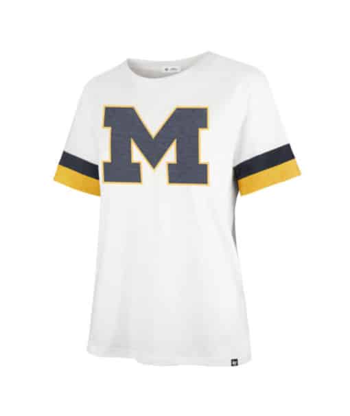 Michigan Wolverines Women's 47 Brand Sandstone White Frankie Striped T-Shirt Tee