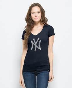 New York Yankees V-Neck Shirt Scrum T-Shirt Womens Fall Navy 47 Brand