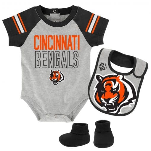 Cincinnati Bengals Baby Gray Onesie Creeper Bib & Bootie Set