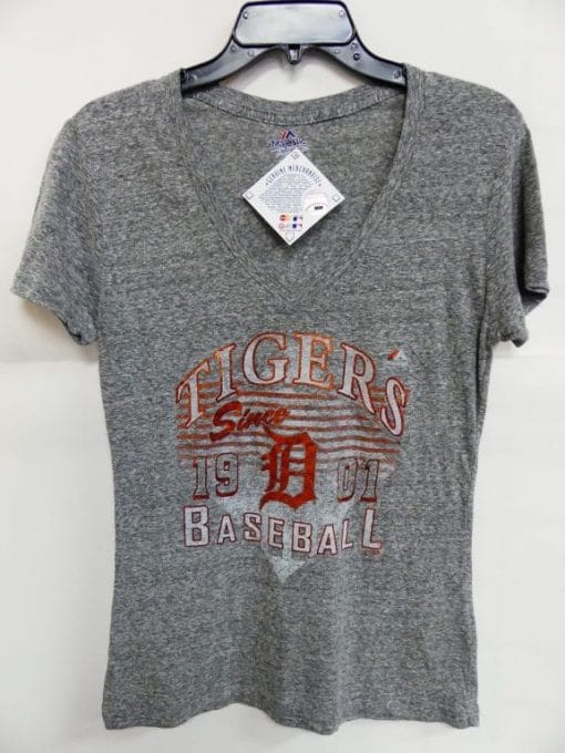 Detroit Tigers Women's Majestic Gray Shiny Orange Logo T-Shirt Tee