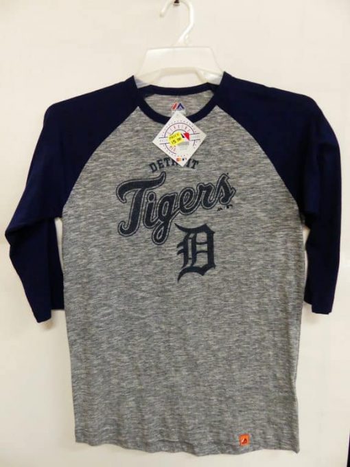 Detroit Tigers Majestic Gray Navy 3/4 Sleeve T-Shirt Tee