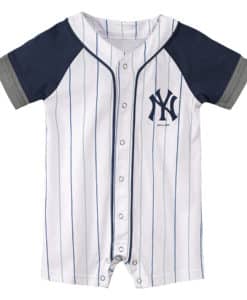 New York Yankees Baby White Navy Pinstripe Button Up Romper Coverall