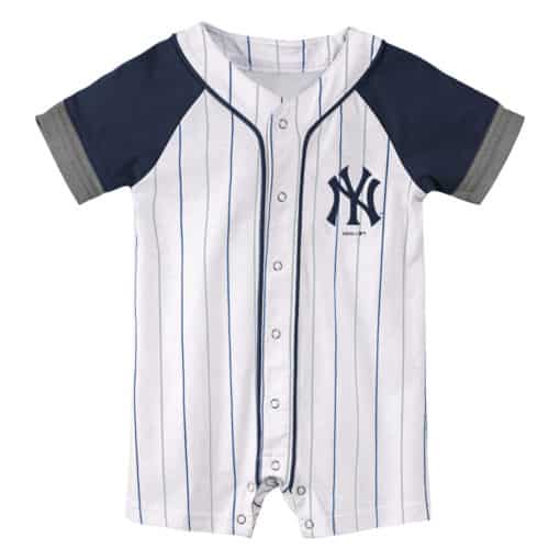 New York Yankees Baby White Navy Pinstripe Button Up Romper Coverall