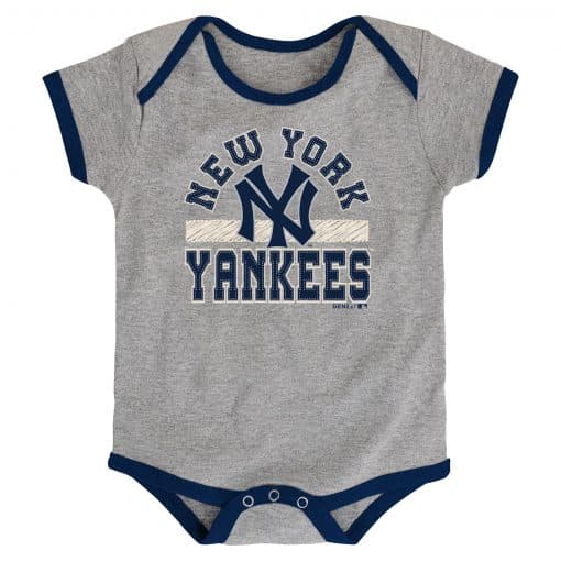New York Yankees Baby Cooperstown Navy Gray Pinstriped 3-Pack Creeper Set - Image 3