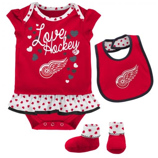 Detroit Red Wings Baby Girls Red 3-Piece Creeper Bib Booties Set