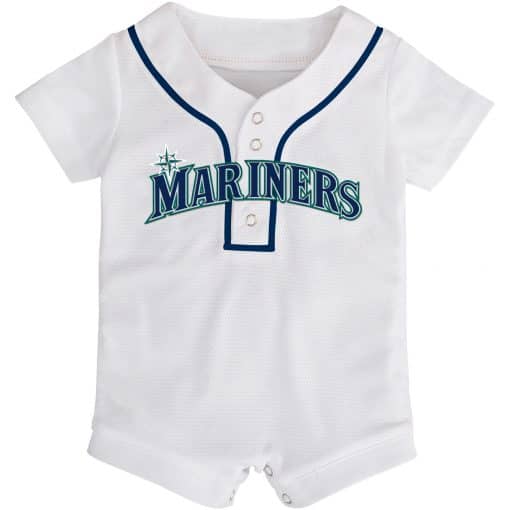 Seattle Mariners Baby White Button Up Jersey Romper Coverall