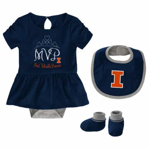 Illinois Fighting Illini Baby Girls Navy MVP Princess 3 Piece Creeper Set