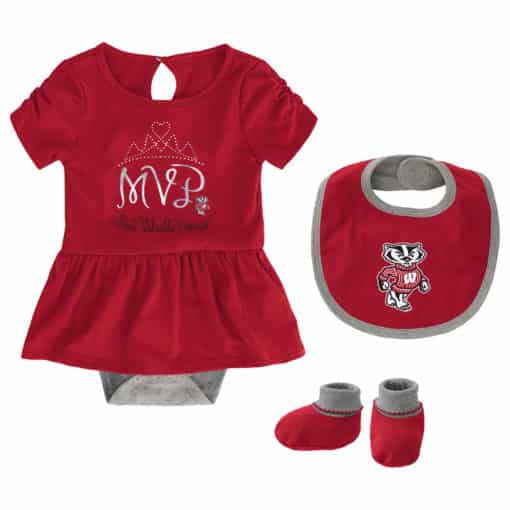 Wisconsin Badgers Baby Girls Red MVP Princess 3 Piece Creeper Set