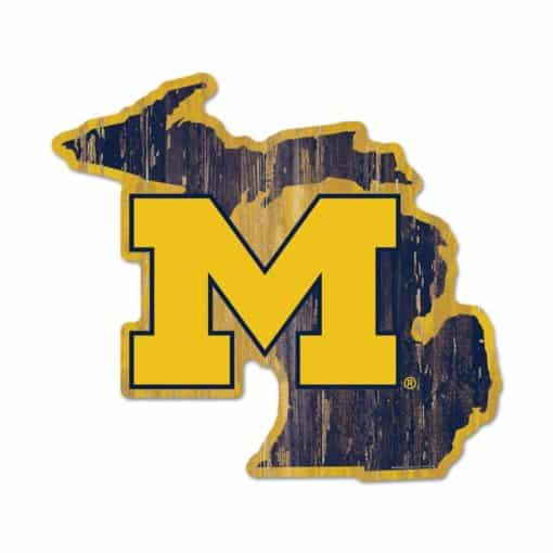 Michigan Wolverines Blue Gold Michigan Shape Wood Sign
