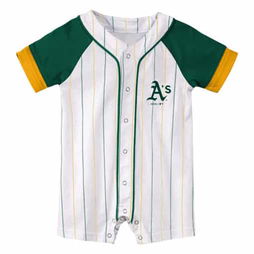Oakland Athletics Baby White Green Pinstripe Button Up Romper Coverall