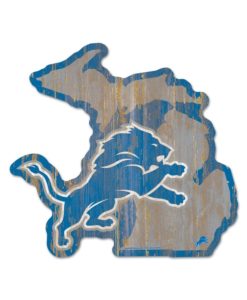 Detroit Lions Blue Michigan Shape Wood Sign