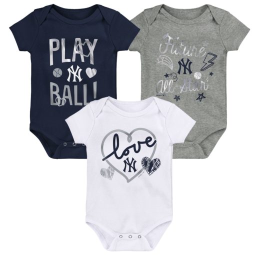 New York Yankees Baby Love Navy Gray White 3-Pack Creeper Set