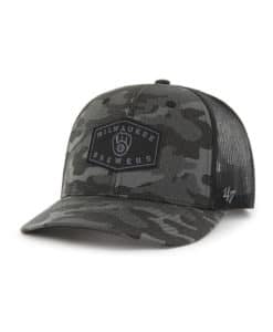 Milwaukee Brewers 47 Brand Charcoal Camo Trucker Black Mesh Snapback Hat