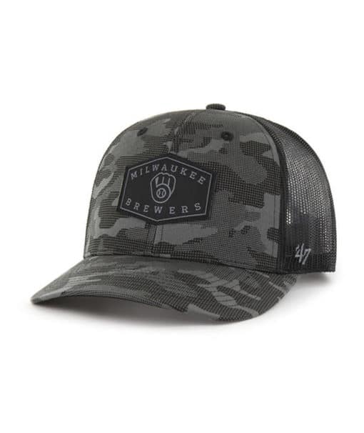 Milwaukee Brewers 47 Brand Charcoal Camo Trucker Black Mesh Snapback Hat