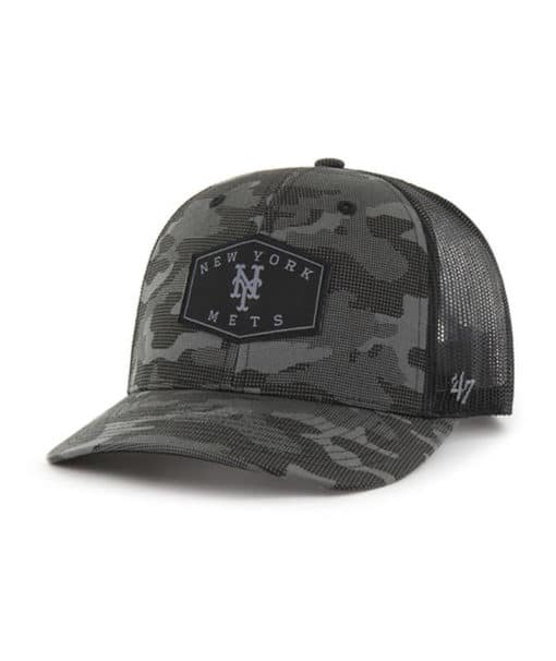 New York Mets 47 Brand Charcoal Camo Trucker Black Mesh Snapback Hat