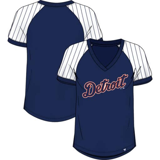 Detroit Tigers Women's Fanatics Navy Pinstripe V-Neck T-Shirt Tee