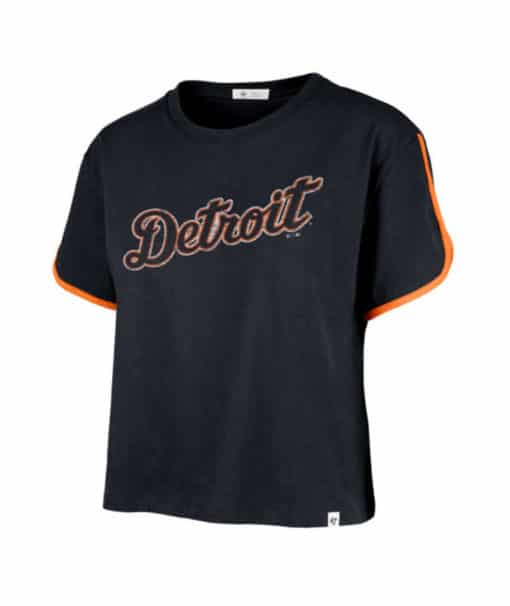 Detroit Tigers Women's 47 Brand Crop Atlas Blue Wordmark T-Shirt Tee