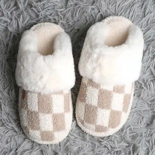 Checkered Faux Fur Cuff Women's Beige Mule Luxury Soft Slippers - Image 5