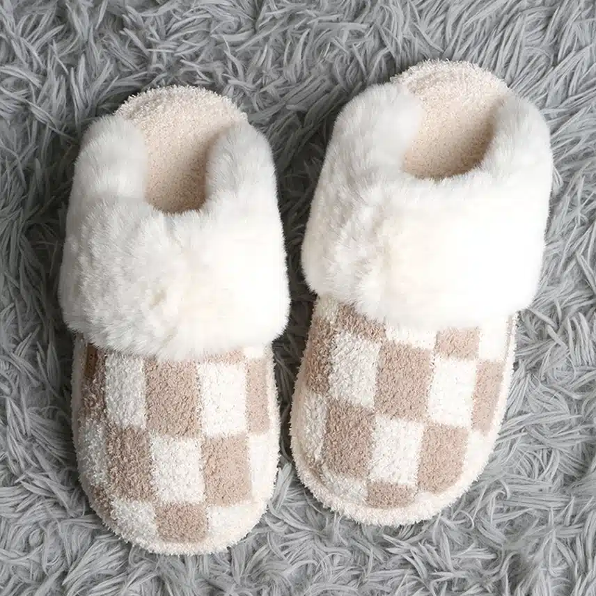 Checkered Faux Fur Cuff Women's Beige Mule Luxury Soft Slippers - Image 5