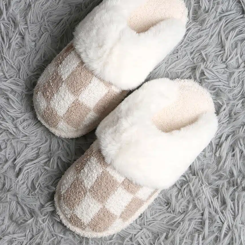 Checkered Faux Fur Cuff Women's Beige Mule Luxury Soft Slippers - Image 2