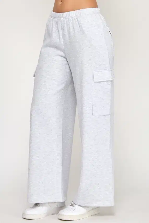Women's Ice Gray Reflex Fleece Wide Leg Hottest Gym Cargo Sweatpants - Image 5