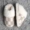Checkered Faux Fur Cuff Women's Beige Mule Luxury Soft Slipper