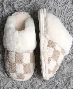 Checkered Faux Fur Cuff Women's Beige Mule Luxury Soft Slipper