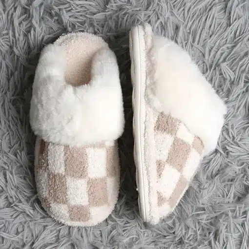 Checkered Faux Fur Cuff Women's Beige Mule Luxury Soft Slipper