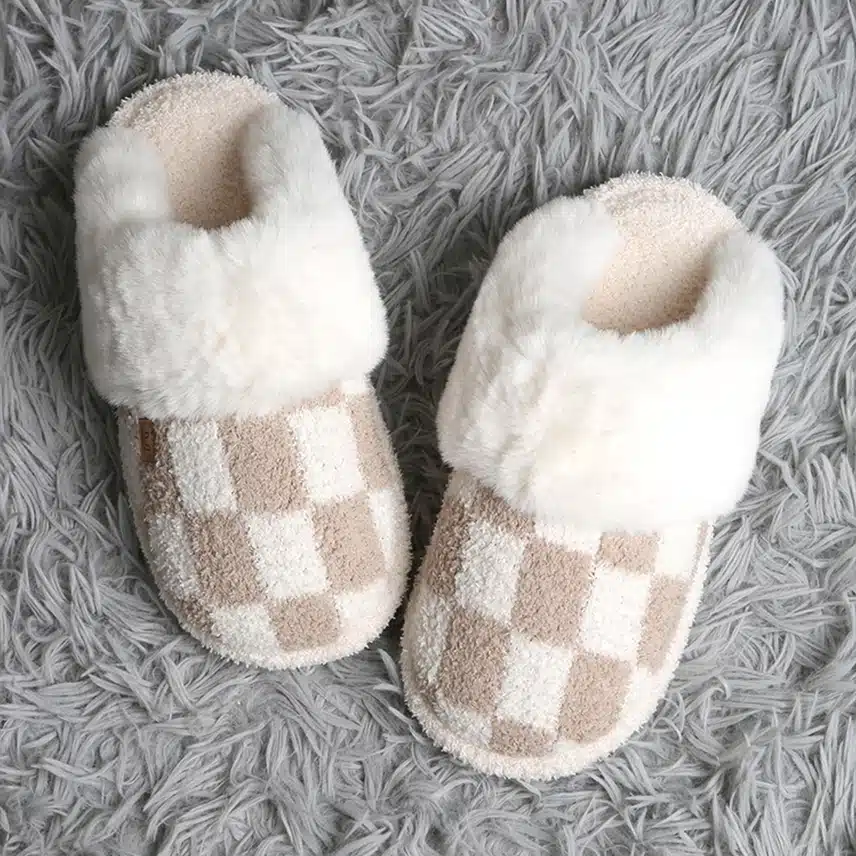 Checkered Faux Fur Cuff Women's Beige Mule Luxury Soft Slippers - Image 4